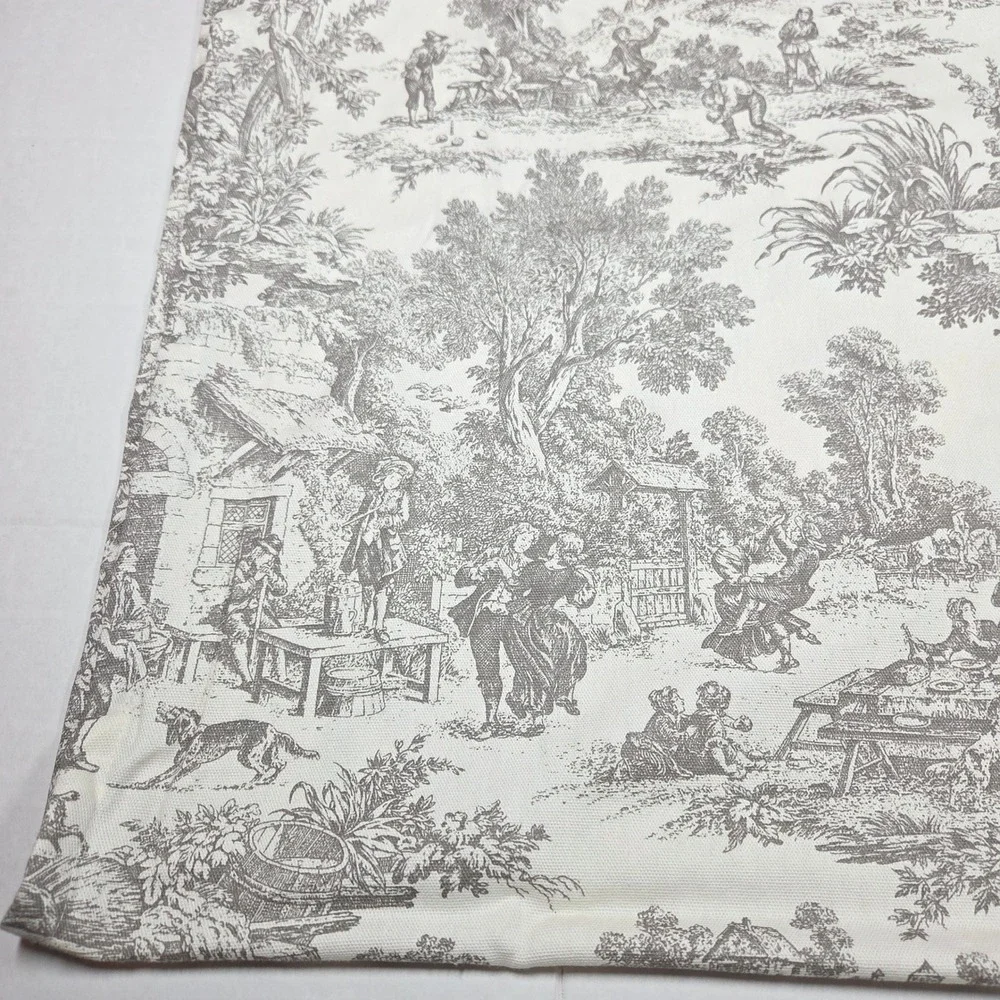 Vintage French Country Toile Curtains Set 2 Cotton Pastoral Scene Cream Grey